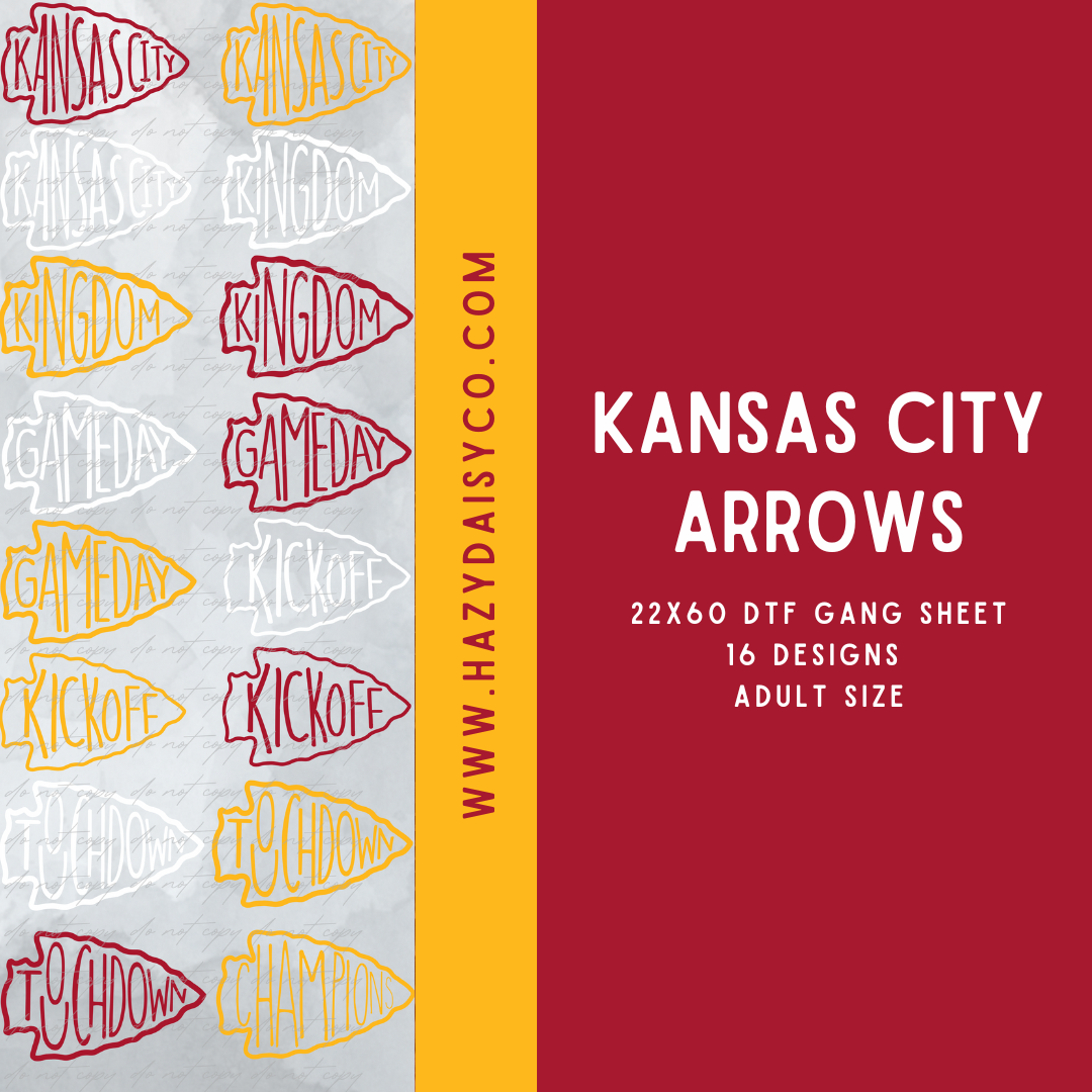 DTF PREMADE GANG SHEET - KANSAS CITY GAME DAY WORDS in ARROWS