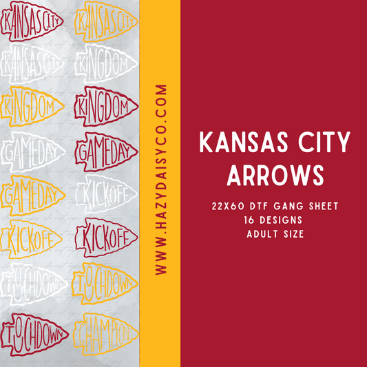 DTF PREMADE GANG SHEET - KANSAS CITY GAME DAY WORDS in ARROWS