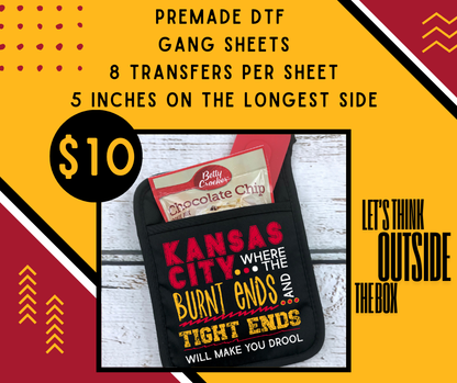 DTF PREMADE GANG SHEET - KANSAS CITY BURNT ENDS AND TIGHT ENDS - 5 INCH TRANSFERS