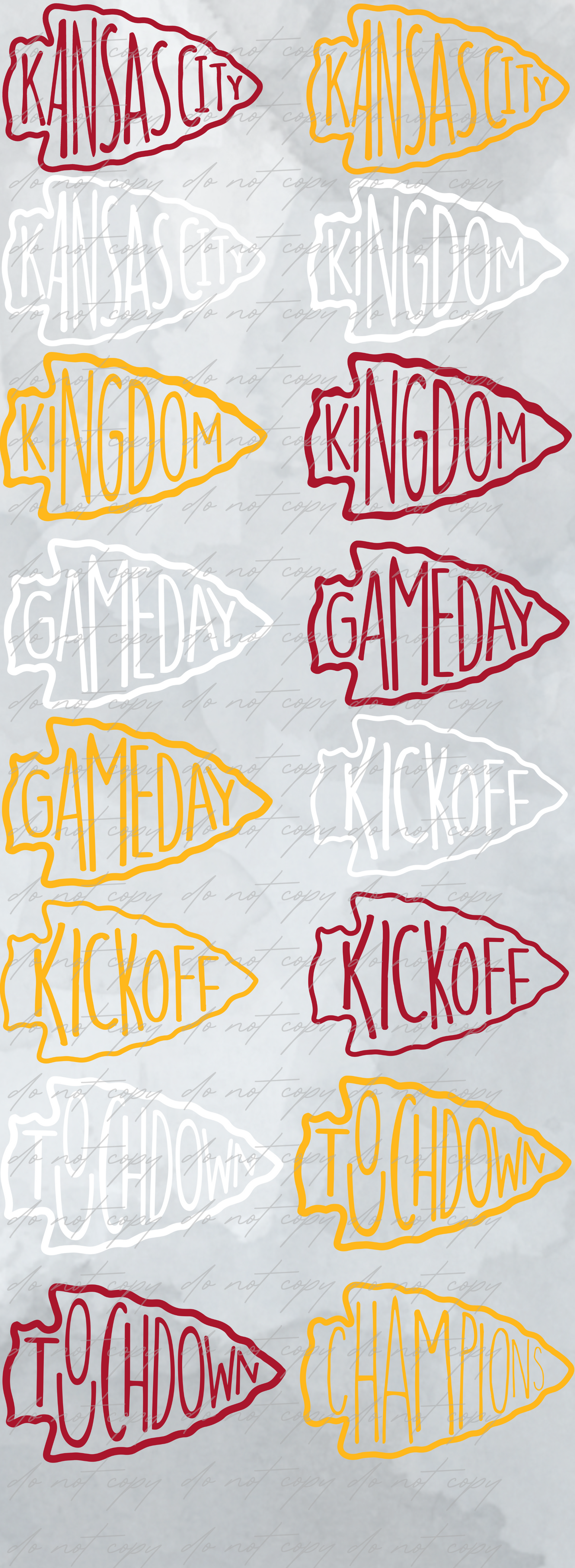 DTF PREMADE GANG SHEET - KANSAS CITY GAME DAY WORDS in ARROWS