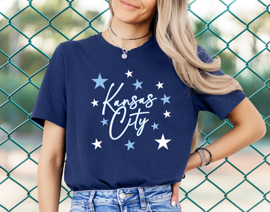 DTF - KANSAS CITY SCRIPT with STARS BLUE & WHITE