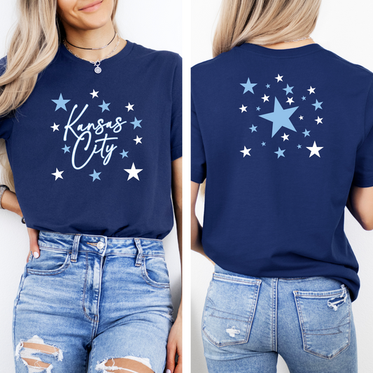 DTF - FRONT & BACK SET - KANSAS CITY SCRIPT with STARS BLUE & WHITE