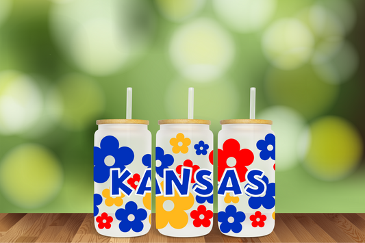 KANSAS RETRO DAISIES with KANSAS - UV DTF - 16 OZ LIBBEY GLASS CAN WRAP