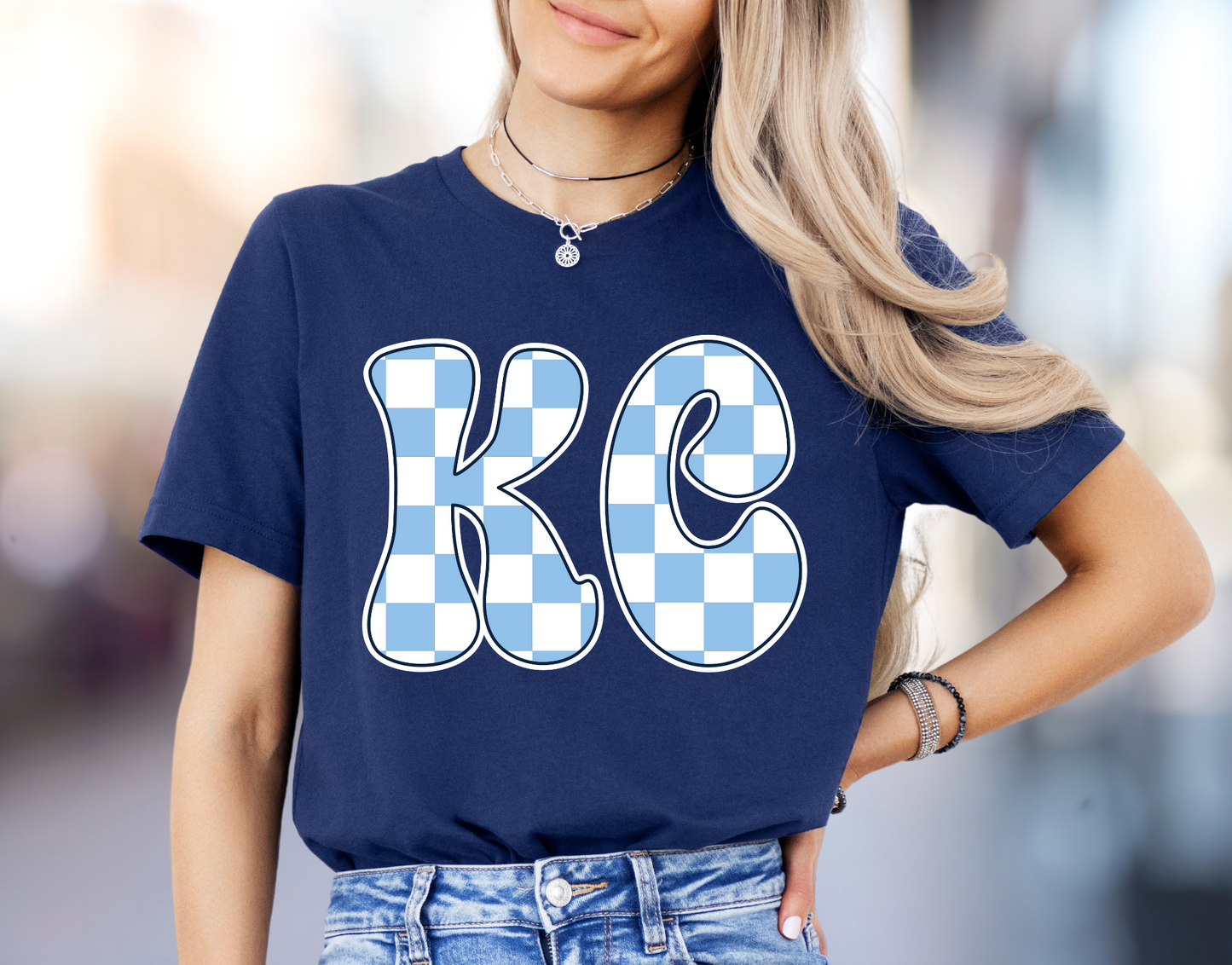 DTF - GROOVY KC LIGHT BLUE AND WHITE with NAVY CHECKERED