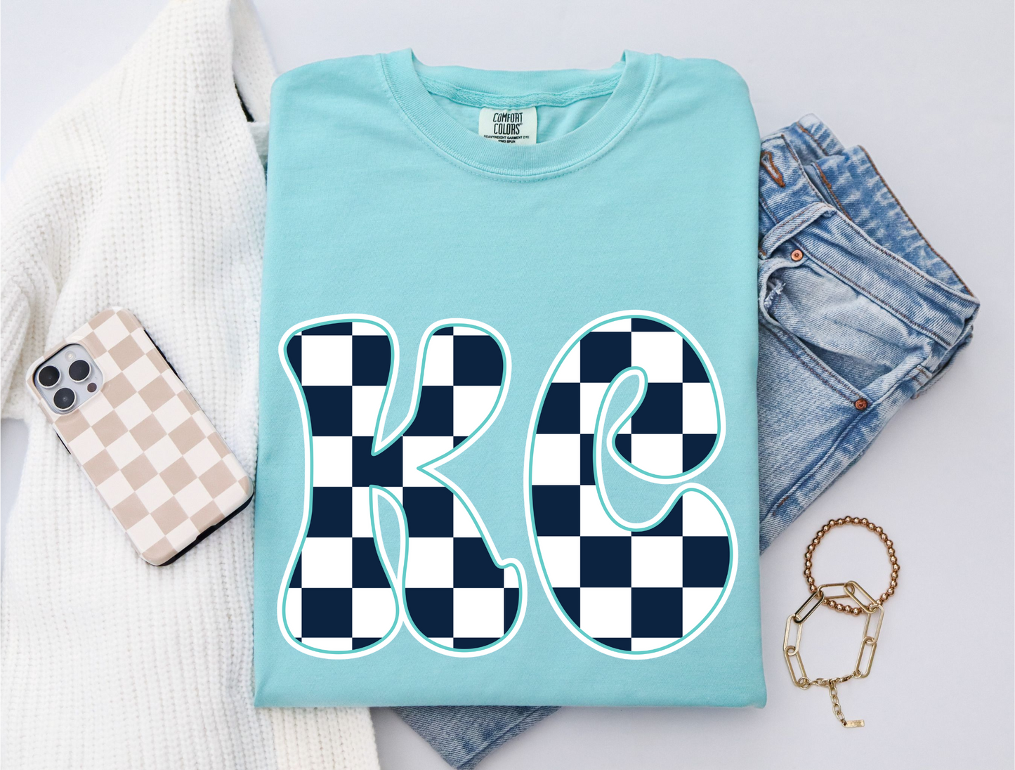 DTF - GROOVY KC NAVY AND WHITE with TEAL CHECKERED