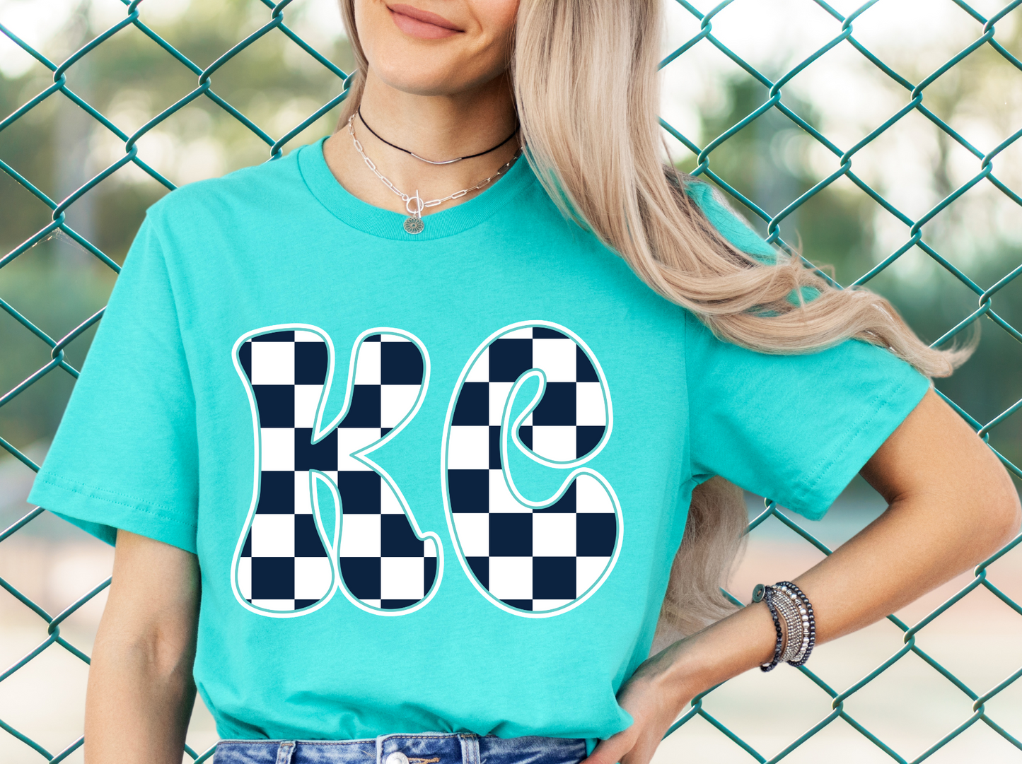 DTF - GROOVY KC NAVY AND WHITE with TEAL CHECKERED