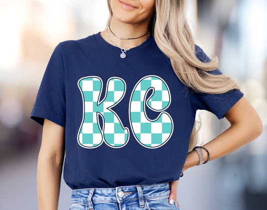 DTF - GROOVY KC TEAL NAVY AND WHITE CHECKERED