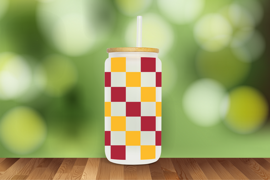 Red Gold Retro Checkered 16 oz Glass Can Design - DIGITAL DOWNLOAD