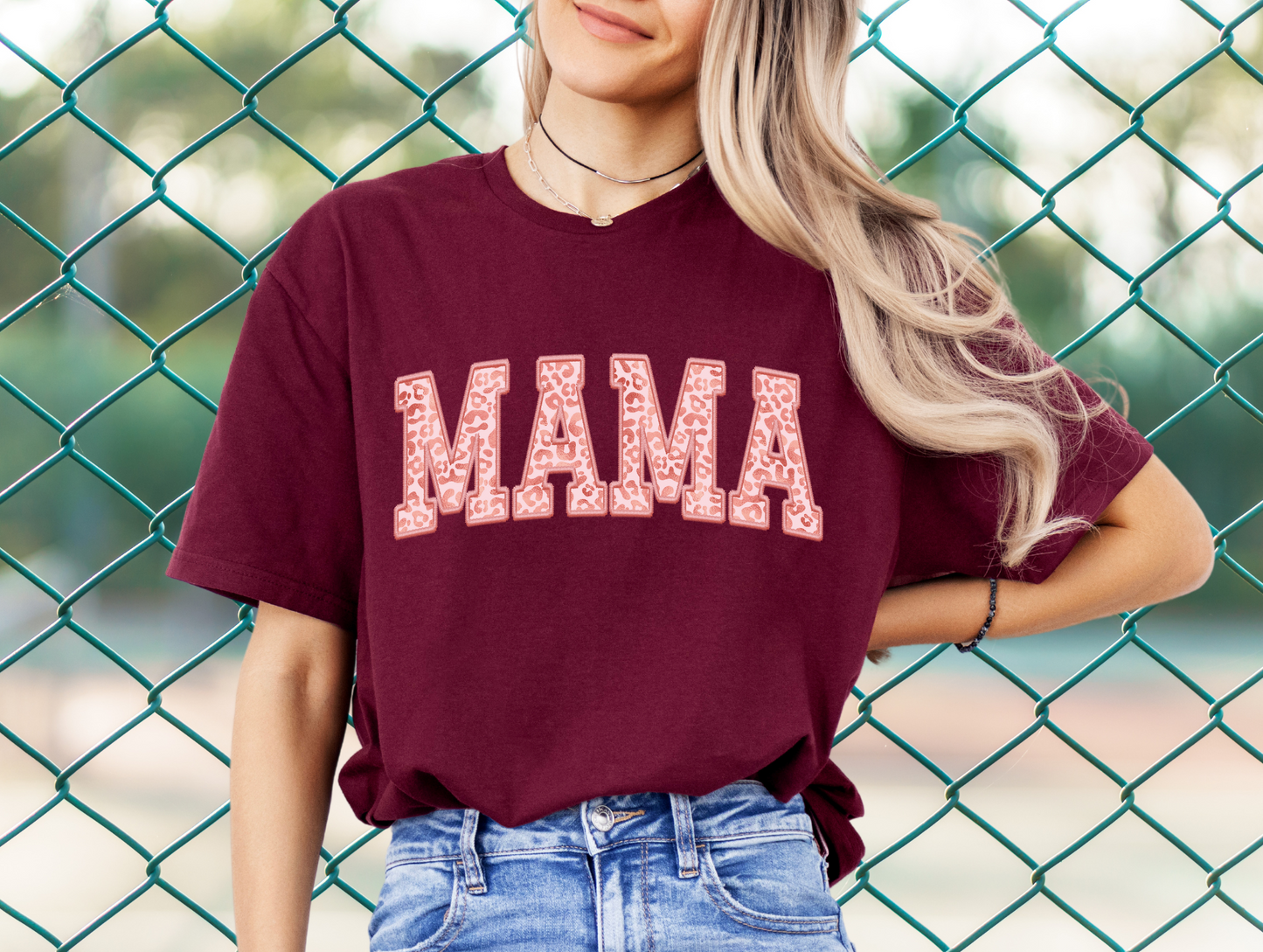 DTF - MAMA VARSITY PINK LEOPARD FAUX EMBROIDERY