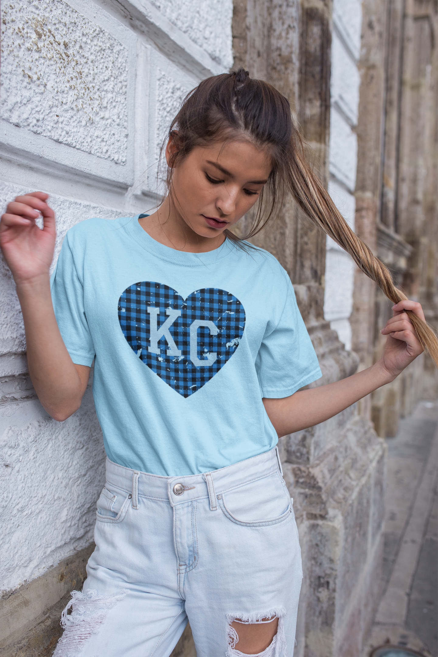 DTF - KC BLUE BUFFALO PLAID HEART